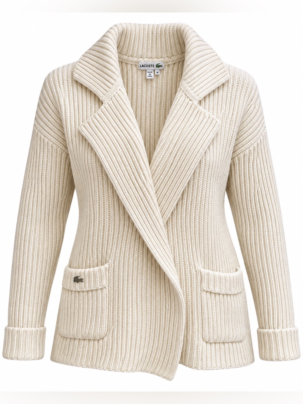 Lacoste Cream Chunky Rib Knit Wrap Cardigan Sweater Wool Cotton Medium